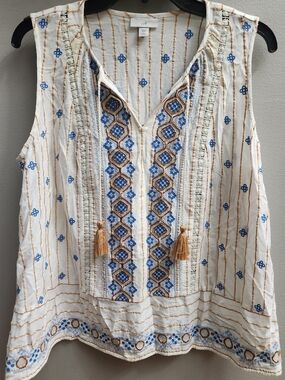 J. Jill Size Large Petite Boho Lilah Cream Sleeveless Embroidered Tank Top Shirt